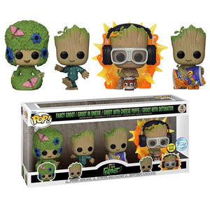 I Am Groot - Fancy, Onsie, Cheese Puffs & Detonator Groot Glow Pop! Vinyl Figures - Set of 4