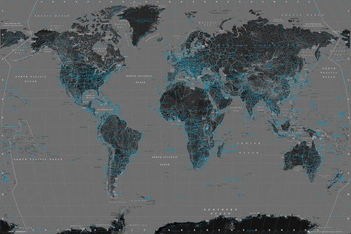 World Map Black with Blue Poster