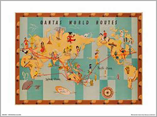 Qantas - 1950s Route Map By Anna Drew 30 x 40cm Art Print