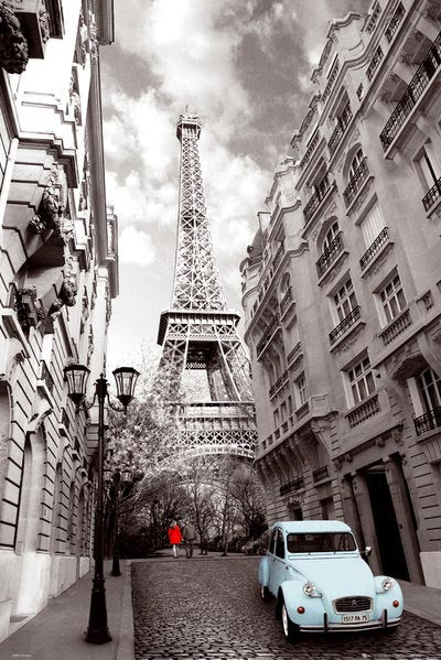 Paris Eiffel Tower Blue Car Red Coat Poster