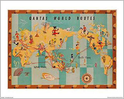 Qantas - Anna Drew 1950 Route Map 40 x 50cm Art Print