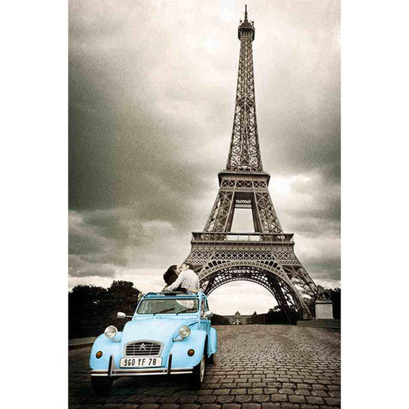 Paris Eiffel Tower - Blue Car Kiss Poster